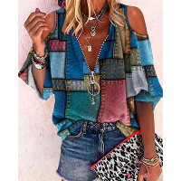 Denim Look Print Zip Front Cold Shoulder Top - Multicolor