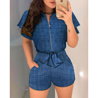 Denim Look Print Zipper Design Top & Shorts Set - blue