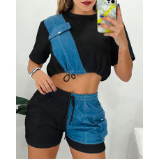 Denim Patch Short Sleeve Top & Drawstring Shorts Set - black