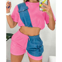 Denim Patch Short Sleeve Top & Drawstring Shorts Set - pink