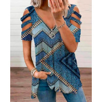 Denim Pattern Print Zip Front Cutout Sleeve T-shirt - blue