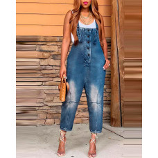 Denim Pocket Design Buttoned Suspender Jumpsuit - dark blue