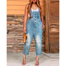 Denim Pocket Design Buttoned Suspender Jumpsuit - Lighted Blue