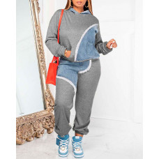 Denim Print Pocket Design Hoodie & Pants Set - Dark grey