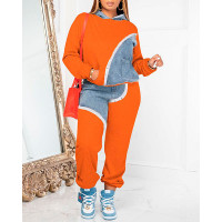 Denim Print Pocket Design Hoodie & Pants Set - orange