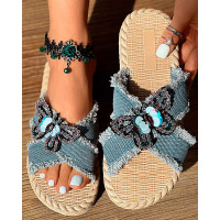 Denim Sequin Butterfly Cross Strap Raw Hem Beach Slippers - blue