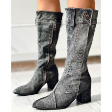 Denim Side Zipper Chunky Boots - black