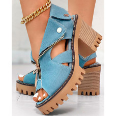 Denim Zipper Design Peep Toe Chunky Heels - blue