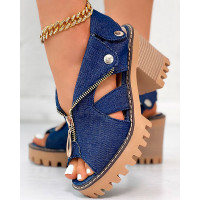 Denim Zipper Design Peep Toe Chunky Heels - purplish blue