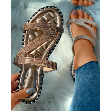 Diamante Cutout Open Toe Flat Sliders - gold