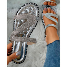 Diamante Cutout Open Toe Flat Sliders - silver