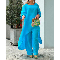 Dip Hem Longline Top & Pants Set - blue