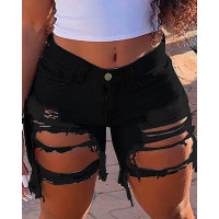 Distressed Cutout Fringe Hem Casual Denim Shorts - black