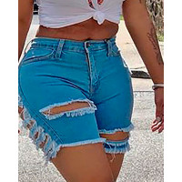 Distressed Cutout Fringe Hem Casual Denim Shorts - blue