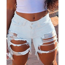 Distressed Cutout Fringe Hem Casual Denim Shorts - white