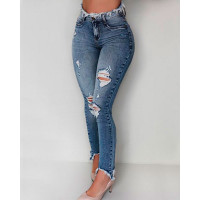 Distressed Cutout Fringe Hem Jeans - blue