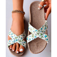 Ditsy Floral Cross Strap Linen Slippers - blue