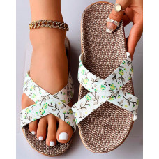 Ditsy Floral Cross Strap Linen Slippers - green