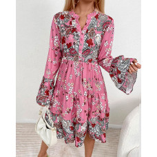 Ditsy Floral Paisley Print Bell Sleeve Casual Dress - pink