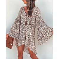 Ditsy Floral Print Bell Sleeve Casual Dress - khaki