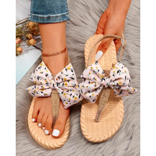 Ditsy Floral Print Bowknot Design Flip Flop - khaki