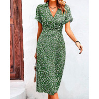 Ditsy Floral Print Buttoned Ruched Dress - green