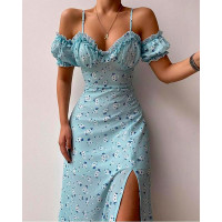 Ditsy Floral Print Cold Shoulder Frill Hem Slit Chiffon Dress - blue