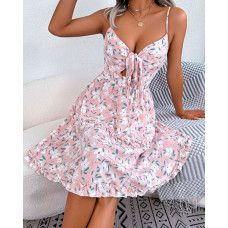 Ditsy Floral Print Frill Hem Dress - pink