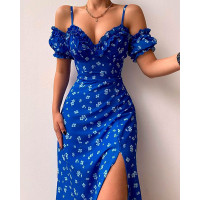 Ditsy Floral Print Frill Hem Split Thigh Cami Dress - blue