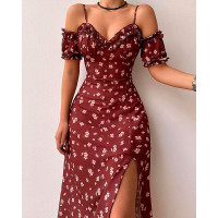 Ditsy Floral Print Frill Hem Split Thigh Cami Dress - Wine red