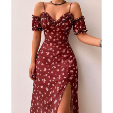 Ditsy Floral Print Frill Hem Split Thigh Cami Dress - Wine red