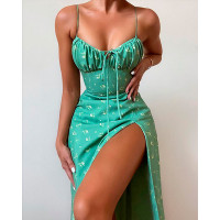 Ditsy Floral Print High Slit Corset Dress - green