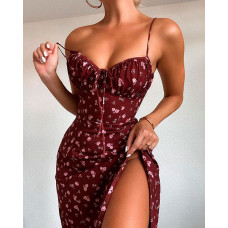 Ditsy Floral Print High Slit Tied Detail Dress - Wine red