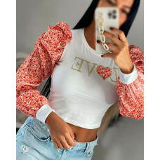 Ditsy Floral Print Letter Embroidery Puff Sleeve Crop Top - style1