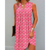 Ditsy Floral Print Notch Neck Ruched Casual Dress - pink