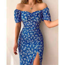 Ditsy Floral Print Off Shoulder High Slit Dress - blue