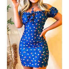 Ditsy Floral Print Off Shoulder Tied Detail Bodycon Dress - blue