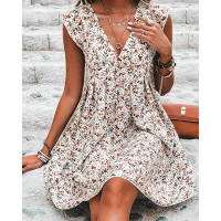 Ditsy Floral Print Plunge Flutter Sleeve Casual Dress - Apricot