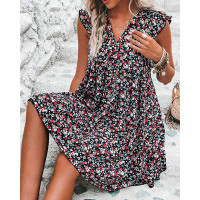 Ditsy Floral Print Plunge Flutter Sleeve Casual Dress - black