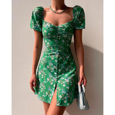 Ditsy Floral Print Puff Sleeve Buttoned Dress - green