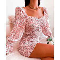 Ditsy Floral Print Puff Sleeve Shirred Bodycon Dress - pink