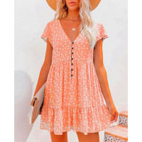 Ditsy Floral Print Ruffle Hem Casual Dress - orange