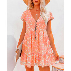 Ditsy Floral Print Ruffle Hem Casual Dress - orange