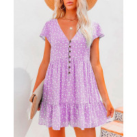 Ditsy Floral Print Ruffle Hem Casual Dress - purple