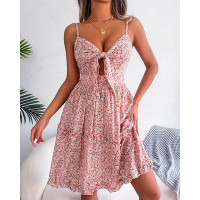 Ditsy Floral Print Ruffles Casual Dress - pink