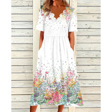 Ditsy Floral Print Scallop Trim Casual Dress - white