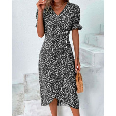 Ditsy Floral Print Side Buttoned Wrap Dress - black