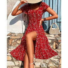 Ditsy Floral Print Slit Casual Dress - Wine red