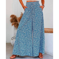 Ditsy Floral Print Wide Leg Bootcut Pants - blue