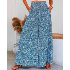 Ditsy Floral Print Wide Leg Bootcut Pants - blue